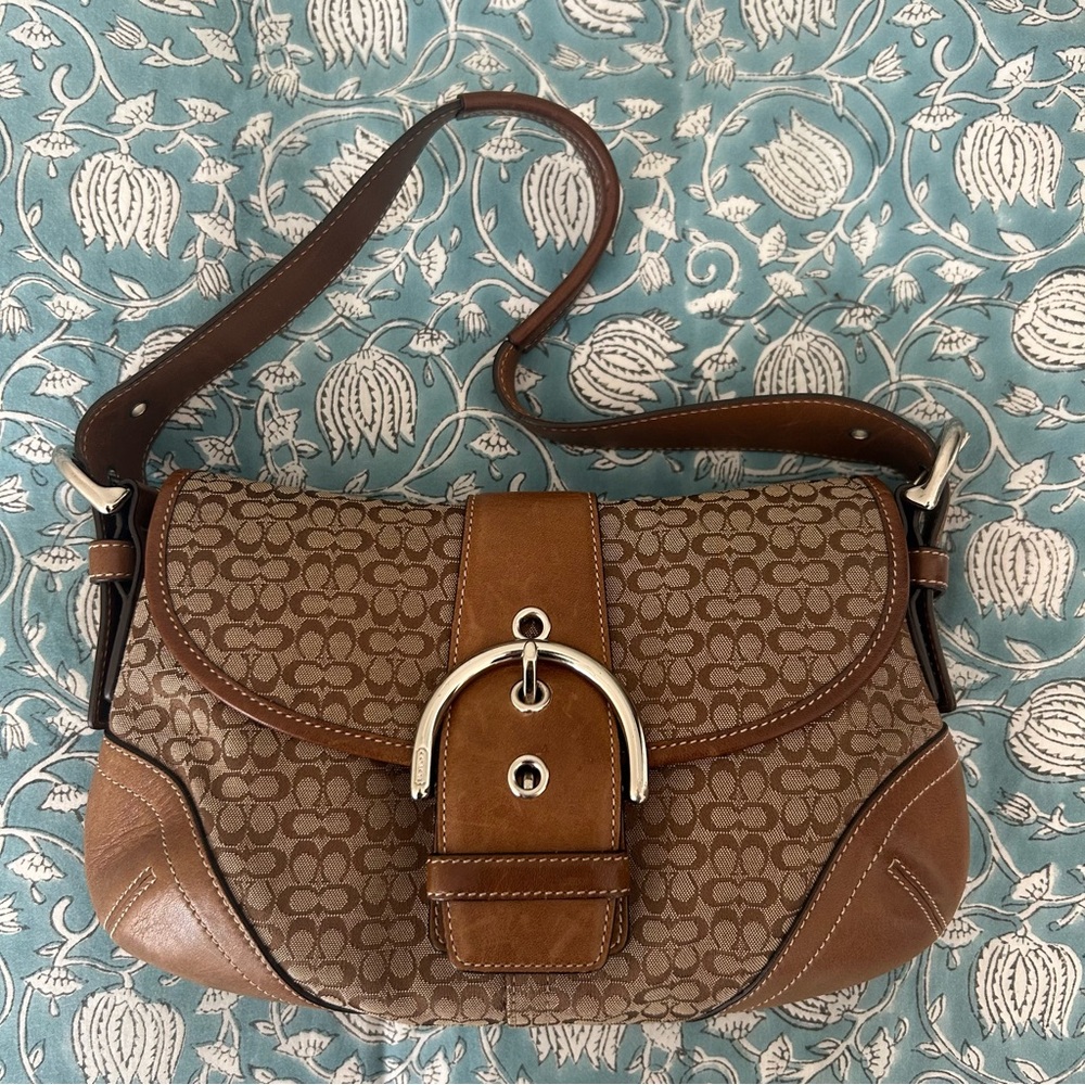 Coach Brown Signature Jacquard Shoulder Bag with Leather Trim - Vintage Y2K
